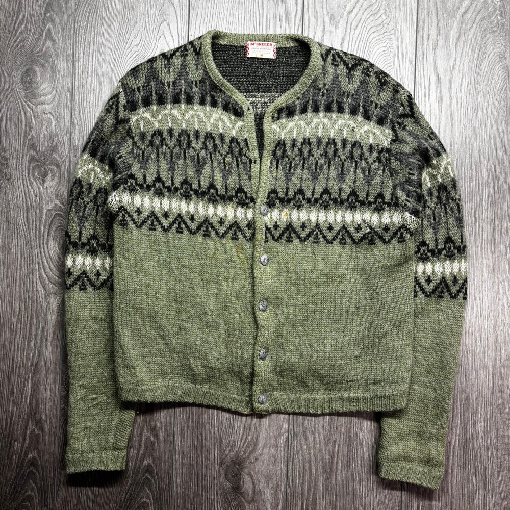 Vintage McGregor Mohair Wool Fair Isle Cardigan Sweater Green Mens Medium USA
